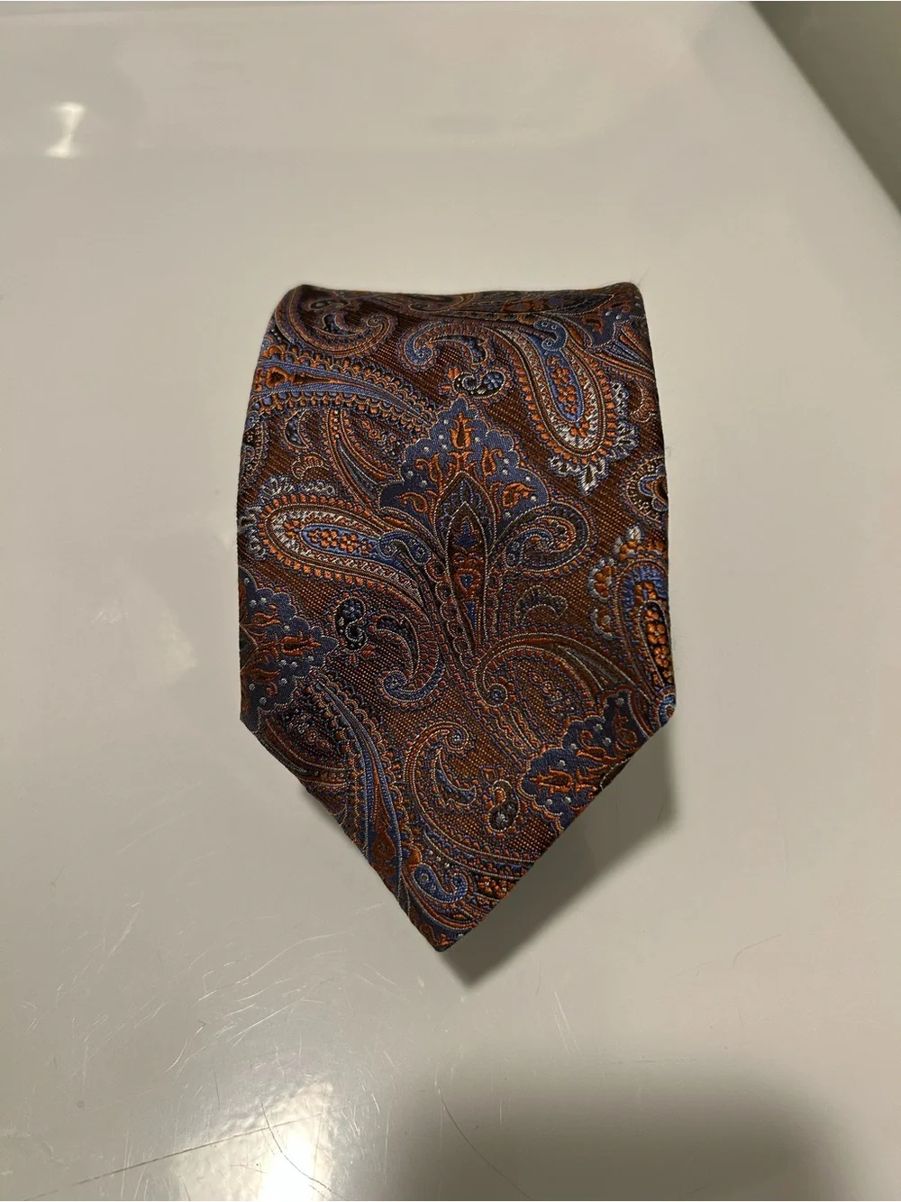 Canali Brown and Blue Paisley Silk Tie with Orange Accents